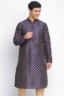 Deep Blue Woven Pattern Straight men kurta