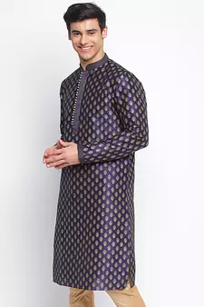 Deep Blue Woven Pattern Straight men kurta