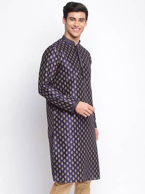 Deep Blue Woven Pattern Straight men kurta 3