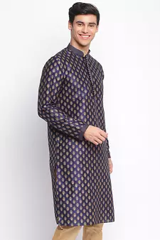 Deep Blue Woven Pattern Straight men kurta