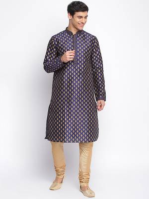 Deep Blue Woven Pattern Straight men kurta 5
