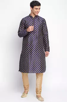 Deep Blue Woven Pattern Straight men kurta