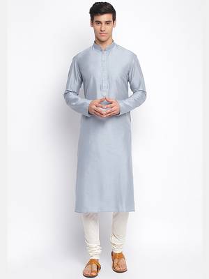 Grey plain Pattern Straight men kurta 5