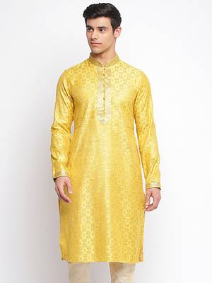 Yellow Woven Pattern Straight men kurta 1