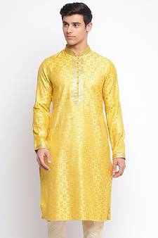 Yellow Woven Pattern Straight men kurta