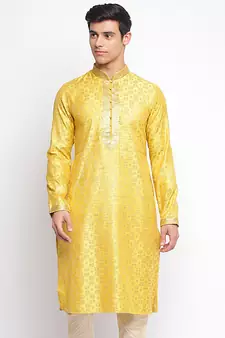 Yellow Woven Pattern Straight men kurta