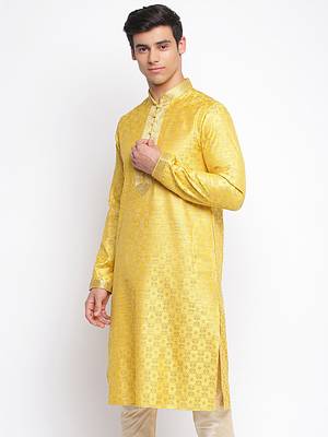 Yellow Woven Pattern Straight men kurta 2