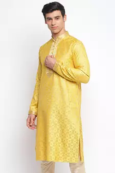 Yellow Woven Pattern Straight men kurta