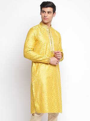 Yellow Woven Pattern Straight men kurta 3