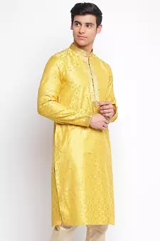 Yellow Woven Pattern Straight men kurta