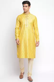 Yellow Woven Pattern Straight men kurta
