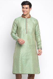 Green Woven Pattern Straight men kurta