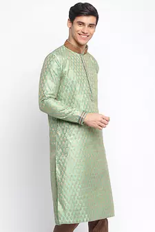 Green Woven Pattern Straight men kurta