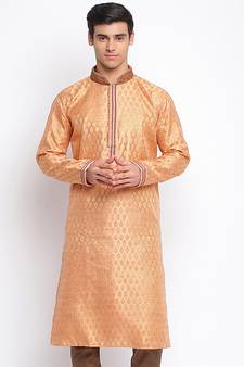 pink Woven Pattern Straight men kurta