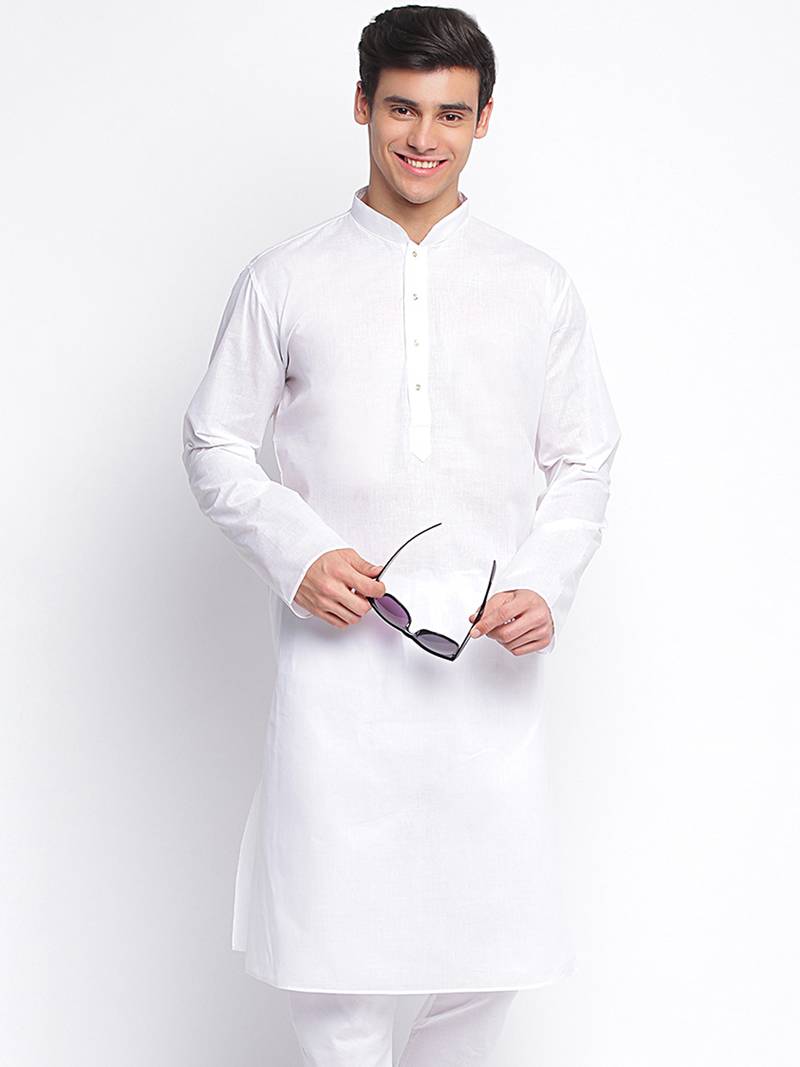 White plain Pattern Straight men kurta