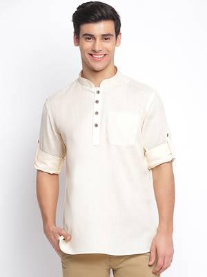 Beige plain Rolled Up Sleeves Short men kurta 1