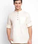 Beige plain Rolled Up Sleeves Short men kurta