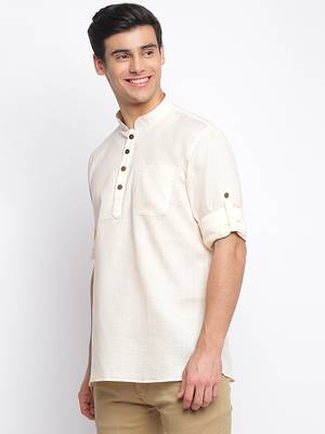 Beige plain Rolled Up Sleeves Short men kurta 2