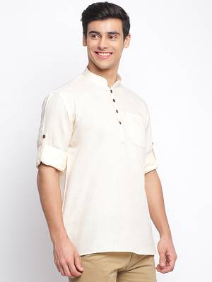Beige plain Rolled Up Sleeves Short men kurta 3