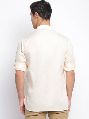 Beige plain Rolled Up Sleeves Short men kurta 4