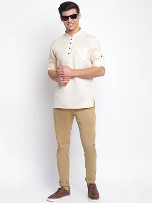 Beige plain Rolled Up Sleeves Short men kurta 5