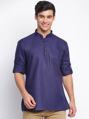 Deep Blue plain Rolled Up Sleeves Short men kurta 1