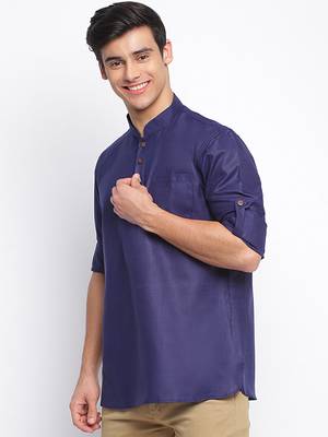 Deep Blue plain Rolled Up Sleeves Short men kurta 2
