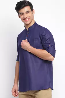 Deep Blue plain Rolled Up Sleeves Short men kurta