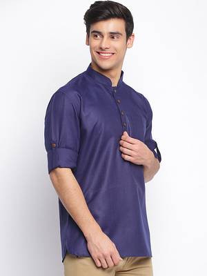 Deep Blue plain Rolled Up Sleeves Short men kurta 3