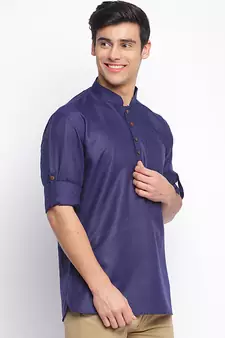 Deep Blue plain Rolled Up Sleeves Short men kurta
