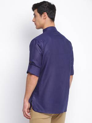 Deep Blue plain Rolled Up Sleeves Short men kurta 4