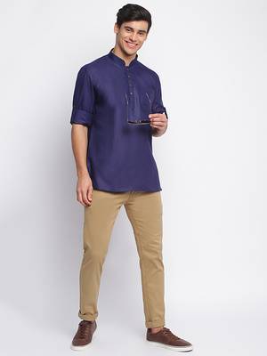 Deep Blue plain Rolled Up Sleeves Short men kurta 5