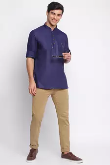 Deep Blue plain Rolled Up Sleeves Short men kurta