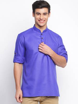 Ink Blue plain Rolled Up Sleeves Short men kurta 1