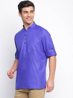 Ink Blue plain Rolled Up Sleeves Short men kurta 2