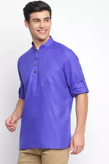 Ink Blue plain Rolled Up Sleeves Short men kurta