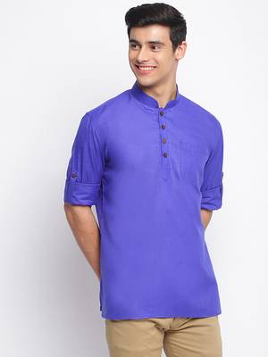 Ink Blue plain Rolled Up Sleeves Short men kurta 3