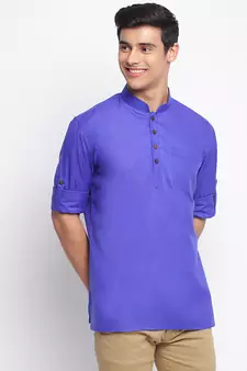 Ink Blue plain Rolled Up Sleeves Short men kurta
