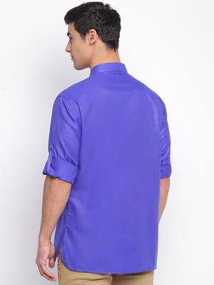 Ink Blue plain Rolled Up Sleeves Short men kurta 4