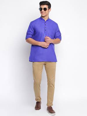 Ink Blue plain Rolled Up Sleeves Short men kurta 5