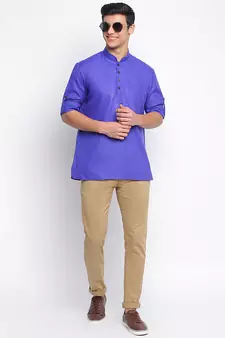 Ink Blue plain Rolled Up Sleeves Short men kurta