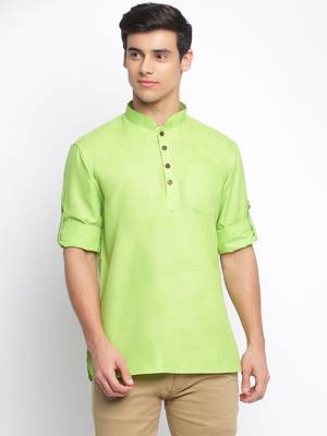 Light Green plain Rolled Up Sleeves Short men kurta 1
