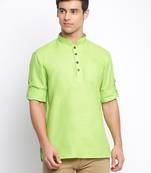 Light Green plain Rolled Up Sleeves Short men kurta