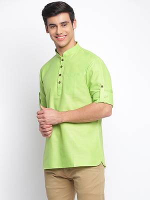 Light Green plain Rolled Up Sleeves Short men kurta 2