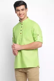 Light Green plain Rolled Up Sleeves Short men kurta