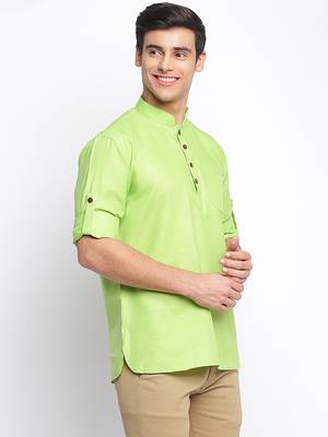 Light Green plain Rolled Up Sleeves Short men kurta 3