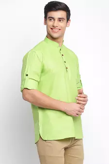 Light Green plain Rolled Up Sleeves Short men kurta
