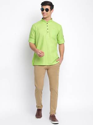 Light Green plain Rolled Up Sleeves Short men kurta 5