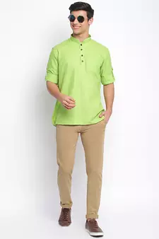 Light Green plain Rolled Up Sleeves Short men kurta