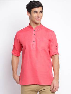 Pink plain Rolled Up Sleeves Short men kurta 1
